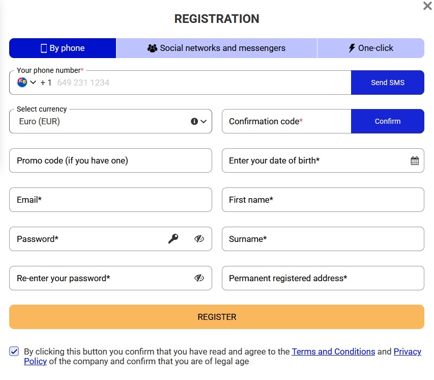 PARIPESA registration form: one-click, by phone, by e-mail or social networks